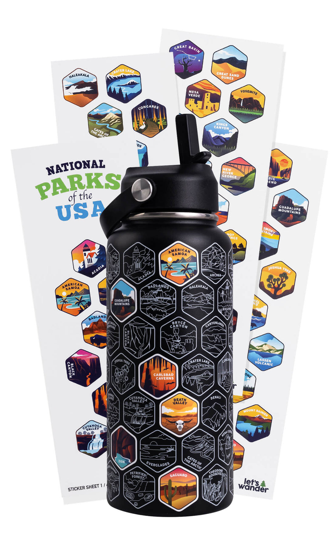 National Parks Sticker Water Bottle with 63 Stickers  $black