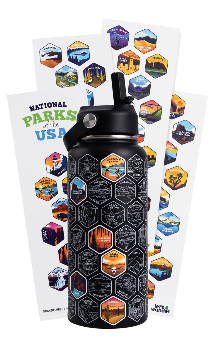 National Parks Sticker Water Bottle with 63 Stickers  $black