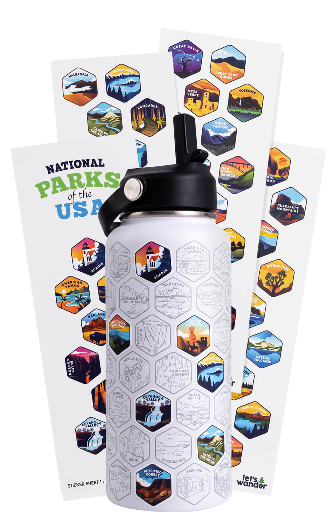 National Parks Sticker Water Bottle with 63 Stickers $white