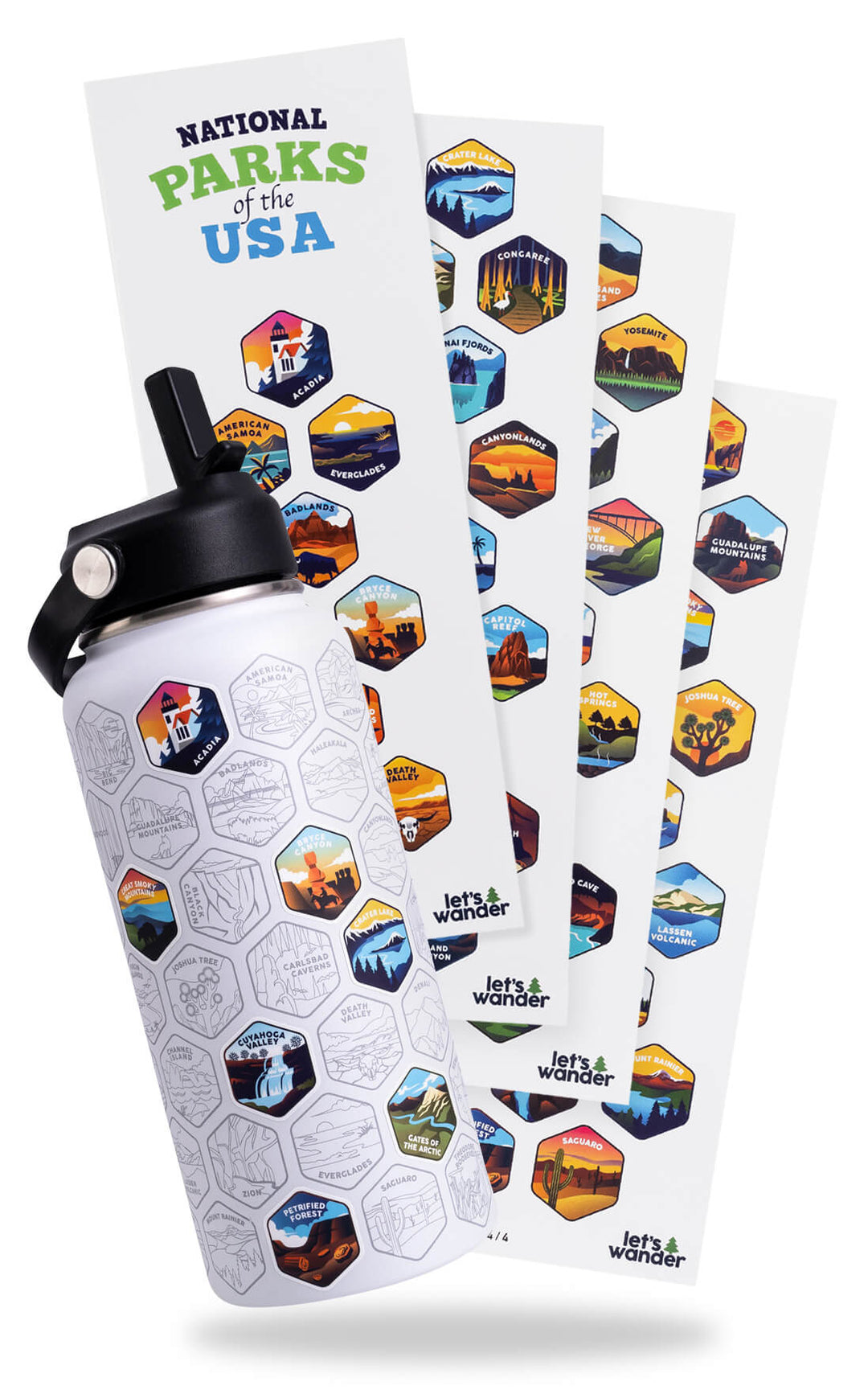 National Parks Sticker Water Bottle with 63 Stickers $white