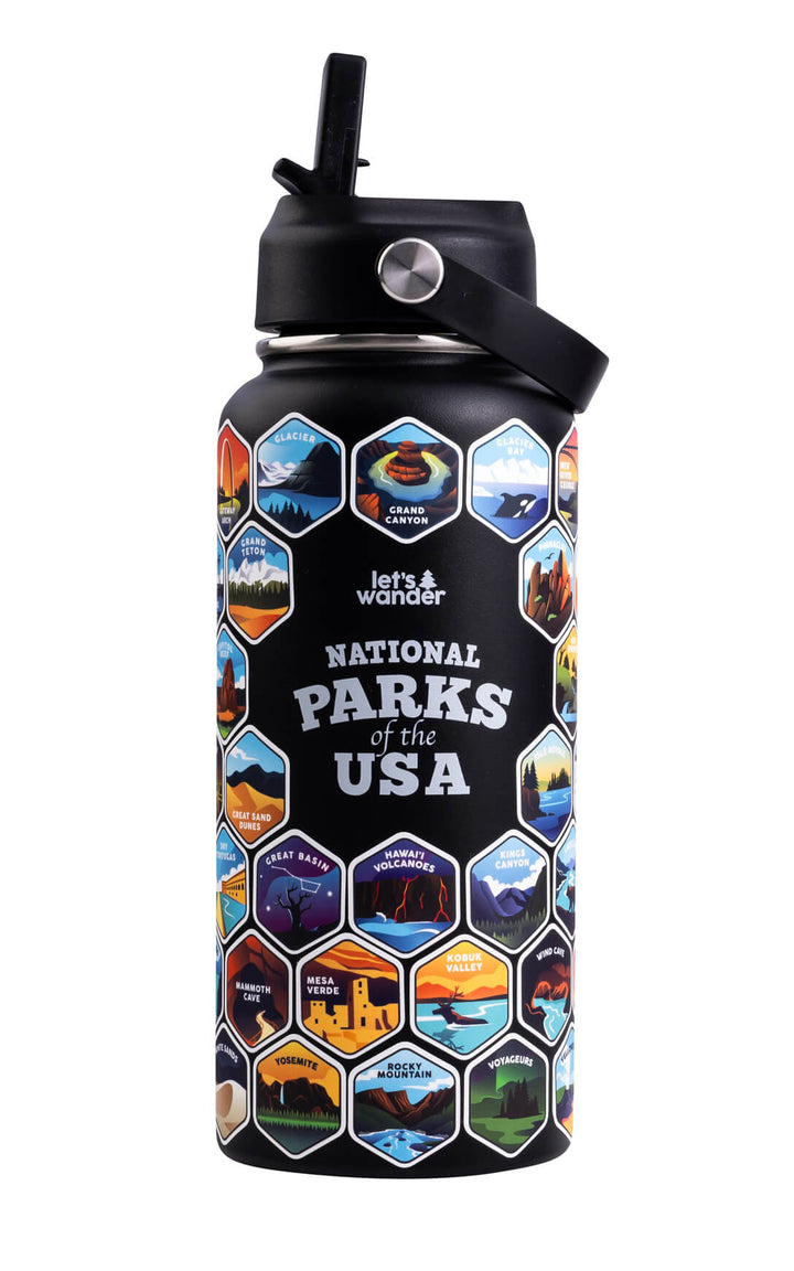 National Parks Sticker Water Bottle with 63 Stickers  $black