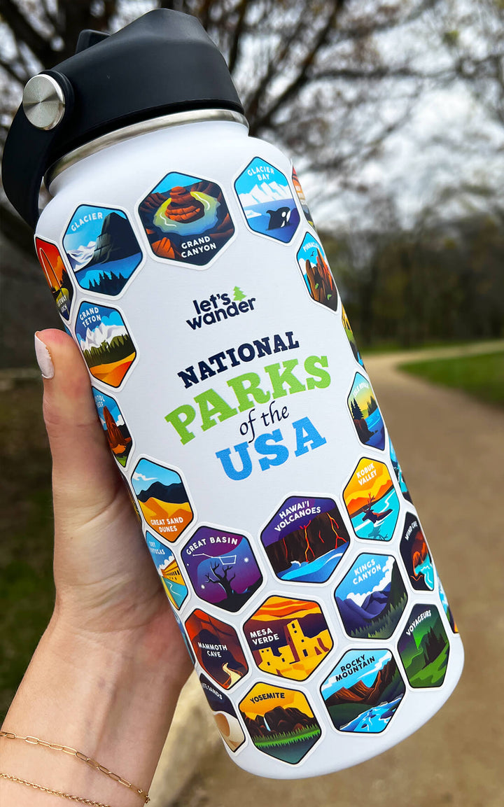 National Parks Sticker Water Bottle with 63 Stickers $white