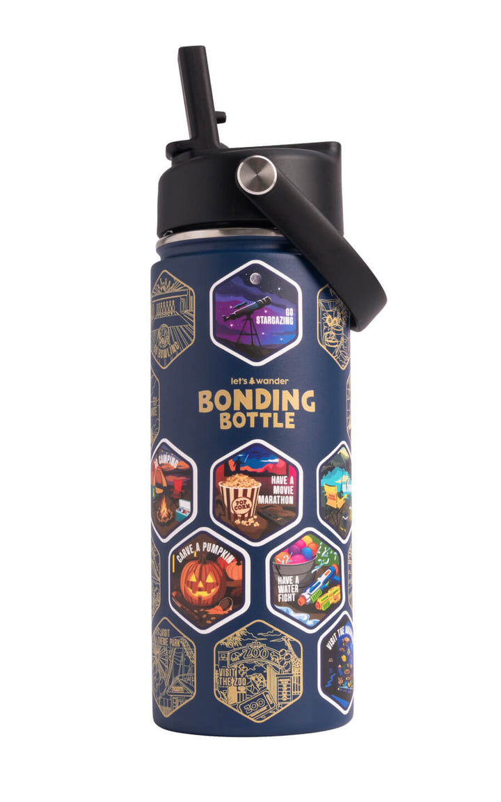 The Bonding Bottle™ by Let's Wander in black with family activity stickers applied, view 3