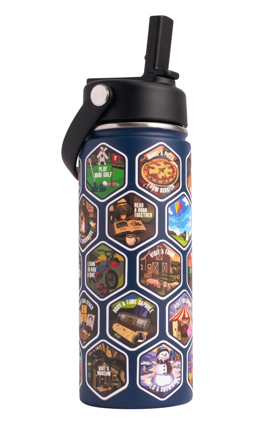 The Bonding Bottle™ by Let's Wander in black with family activity stickers applied, view 5