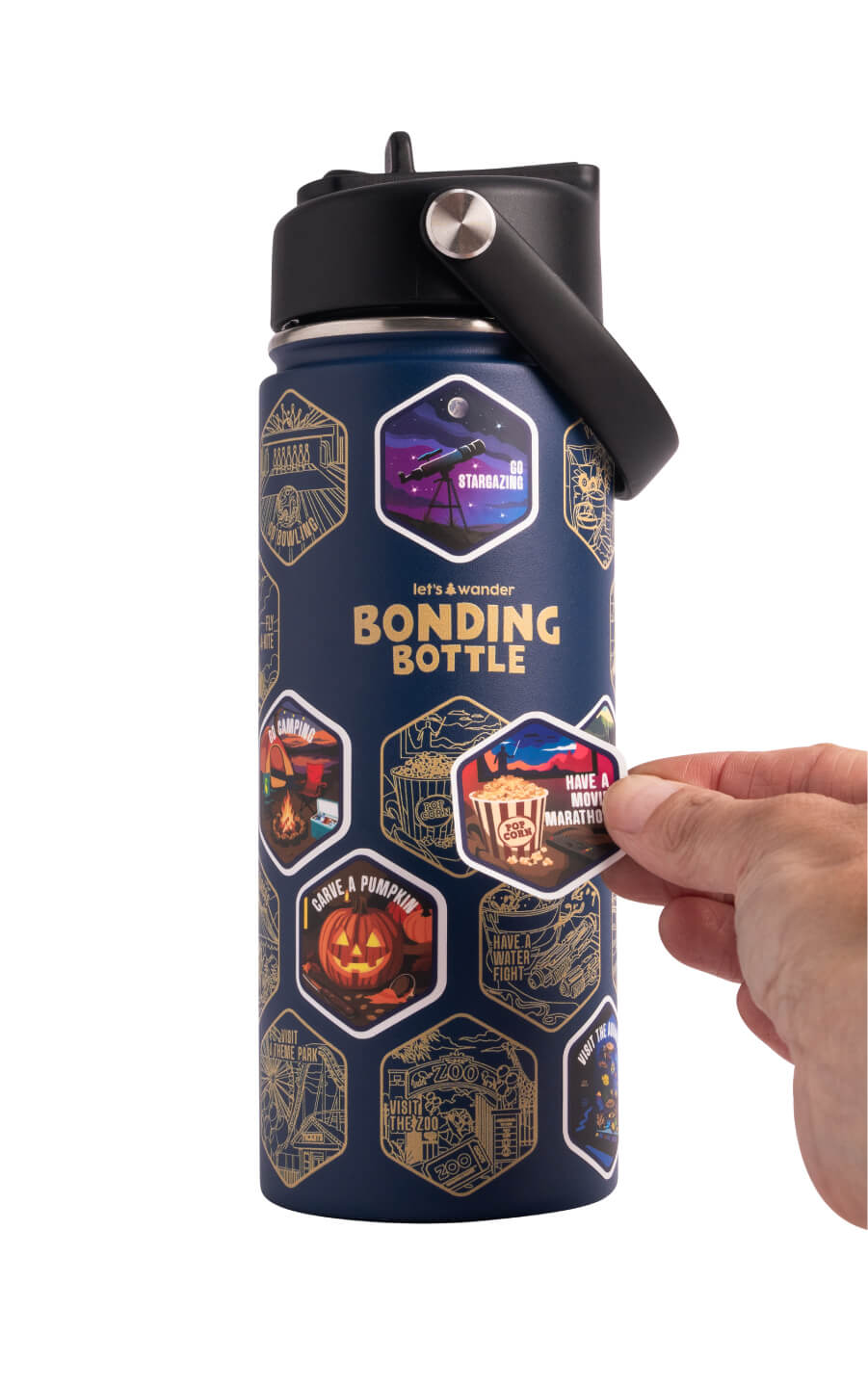 The Bonding Bottle™ by Let's Wander in black with family activity stickers applied, view 6
