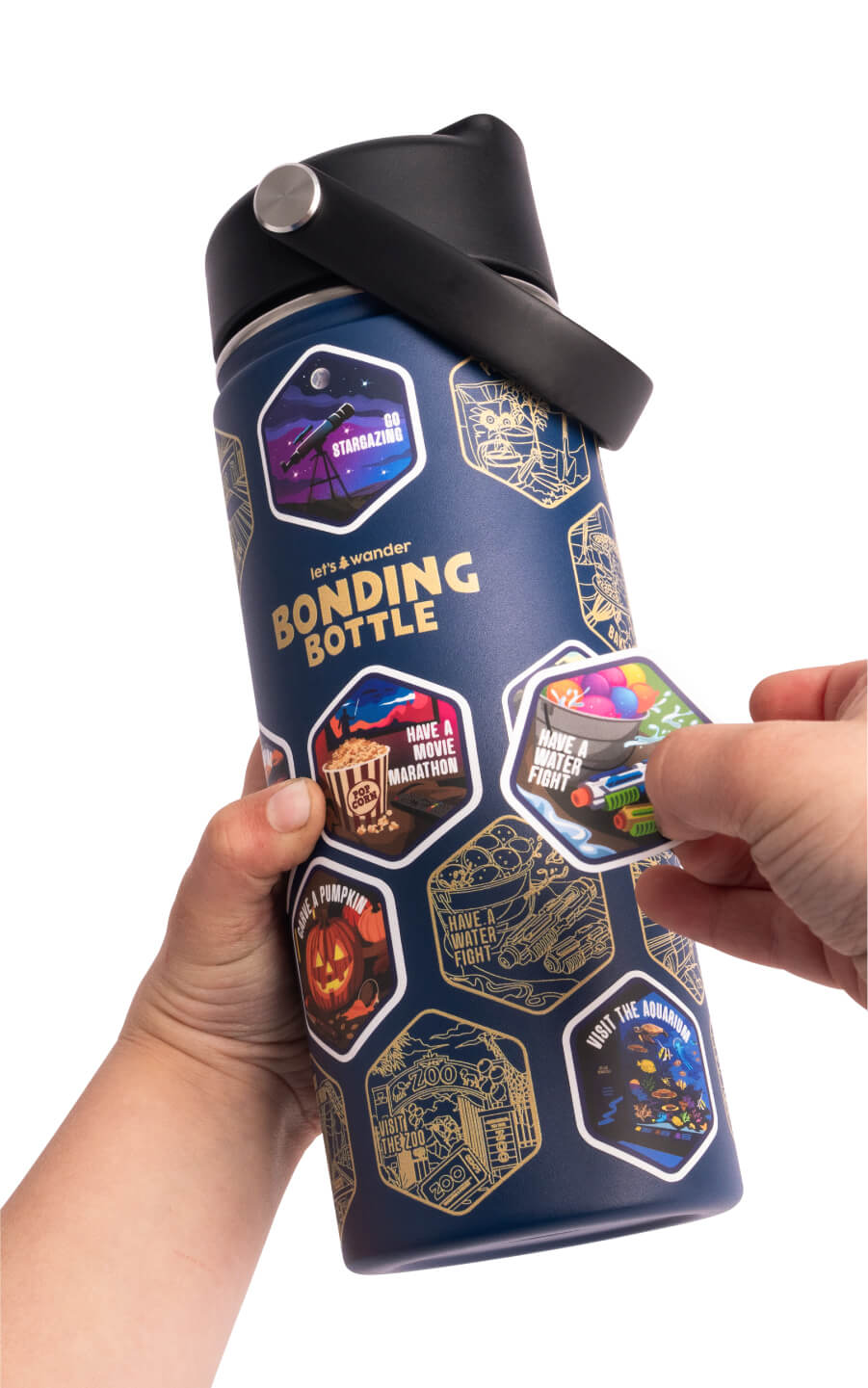 The Bonding Bottle™ by Let's Wander in black with family activity stickers applied, view 7