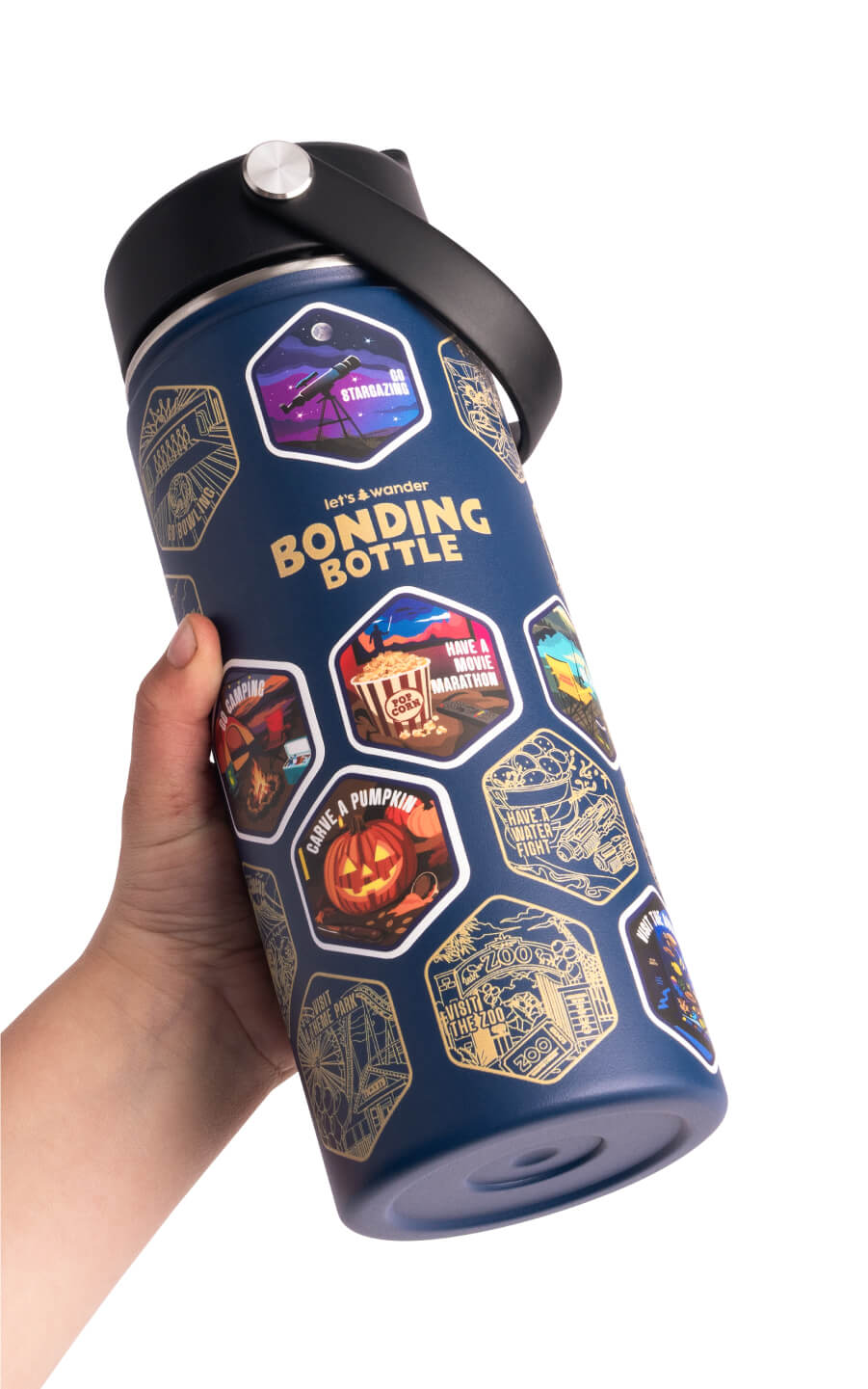 The Bonding Bottle™ by Let's Wander in black with family activity stickers applied, view 8