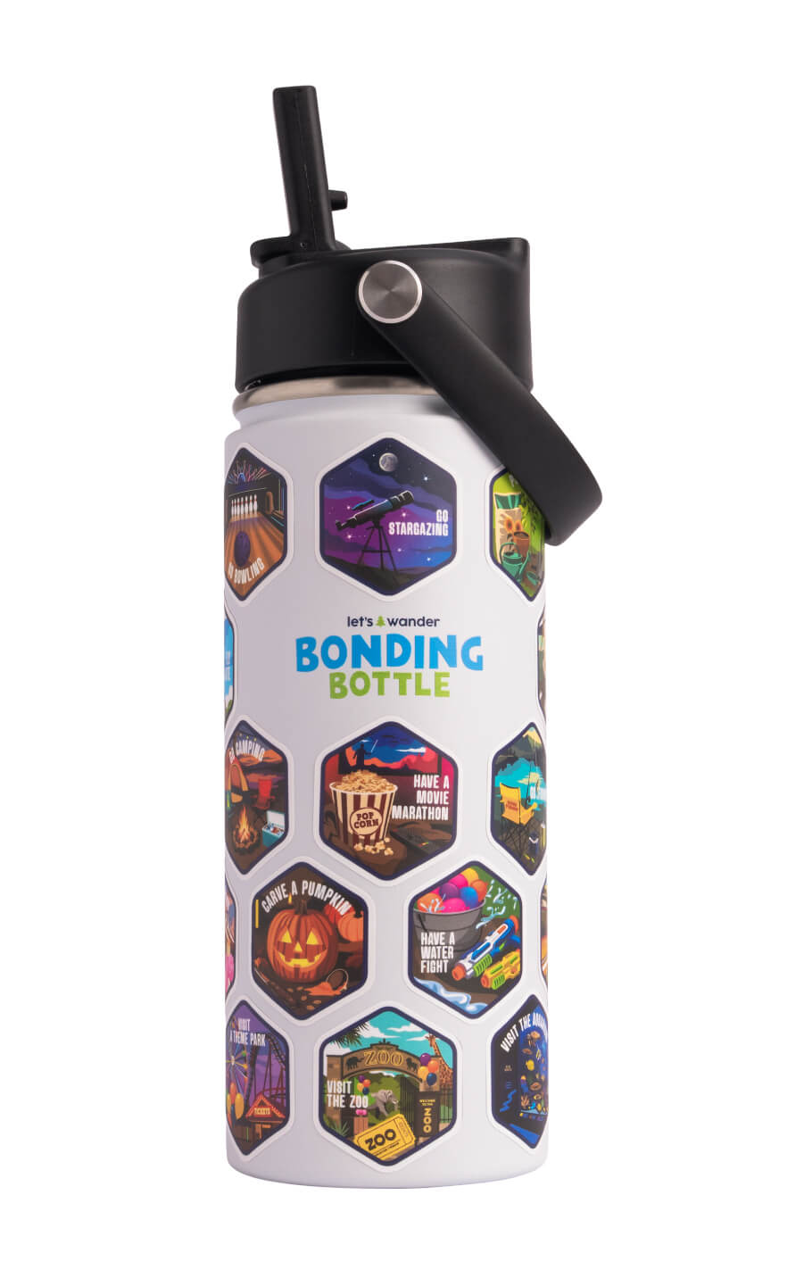 The Bonding Bottle™ by Let's Wander in blue with family activity stickers applied, view 4