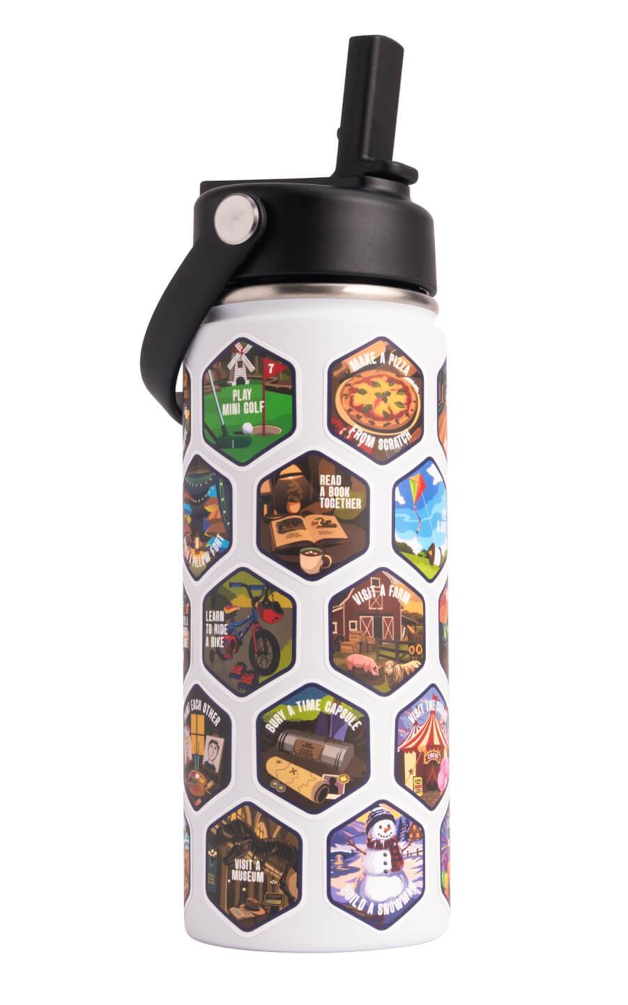 The Bonding Bottle™ by Let's Wander in blue with family activity stickers applied, view 5