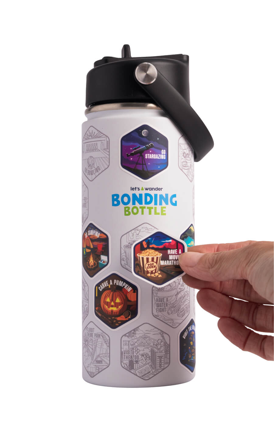 The Bonding Bottle™ by Let's Wander in blue with family activity stickers applied, view 6