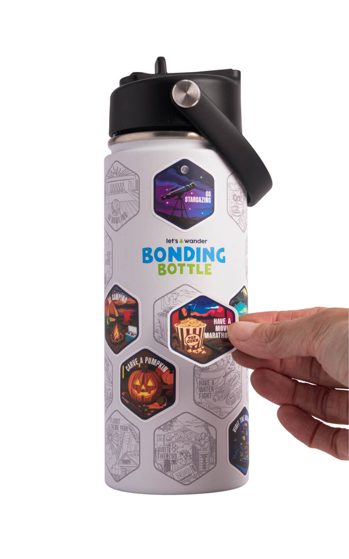 The Bonding Bottle™ by Let's Wander in blue with family activity stickers applied, view 6