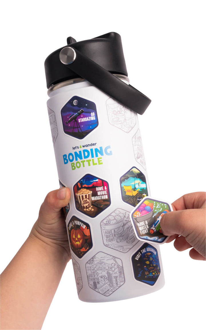 The Bonding Bottle™ by Let's Wander in blue with family activity stickers applied, view 7