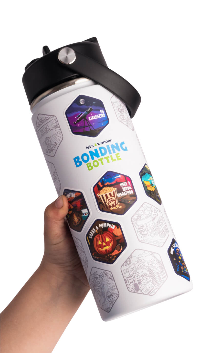 The Bonding Bottle™ by Let's Wander in blue with family activity stickers applied, view 8