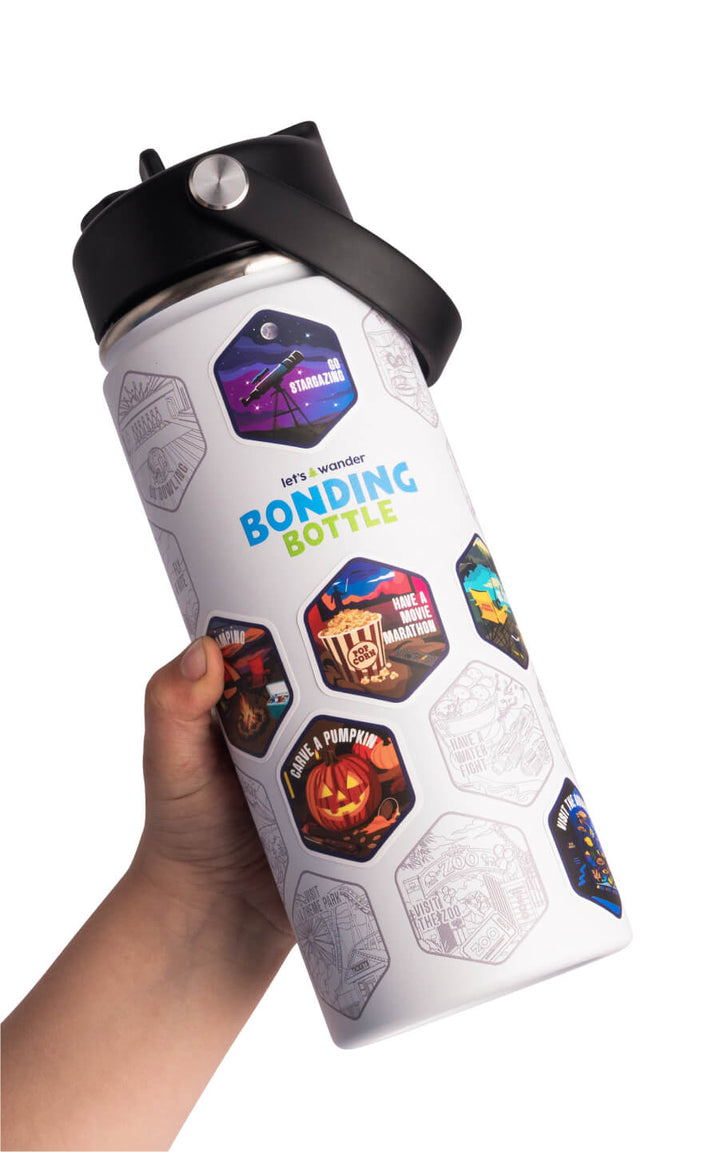 The Bonding Bottle™ by Let's Wander in blue with family activity stickers applied, view 8