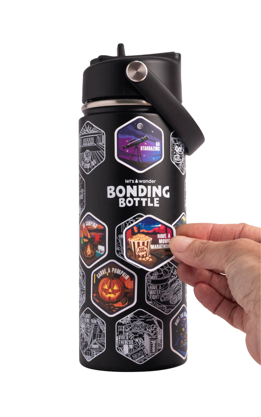 The Bonding Bottle™ by Let's Wander in white with family activity stickers applied, view 6