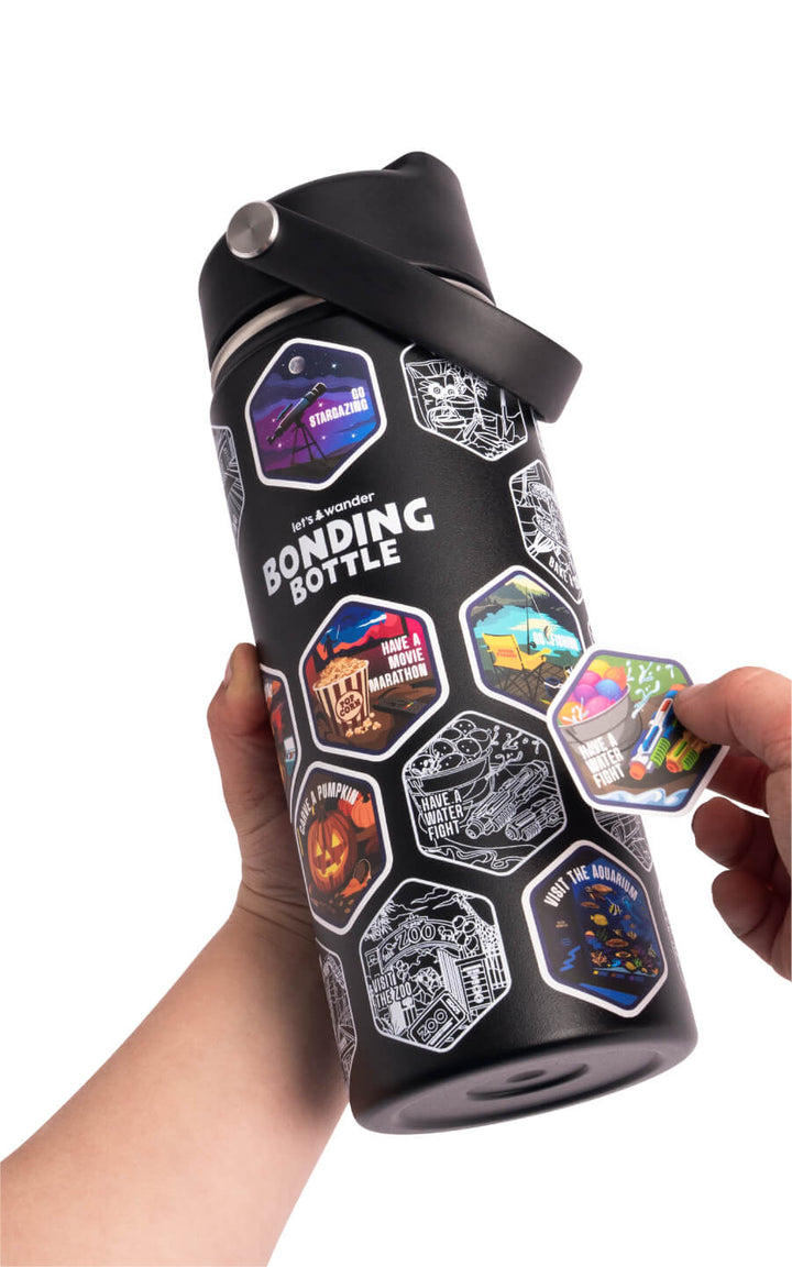 The Bonding Bottle™ by Let's Wander in white with family activity stickers applied, view 7