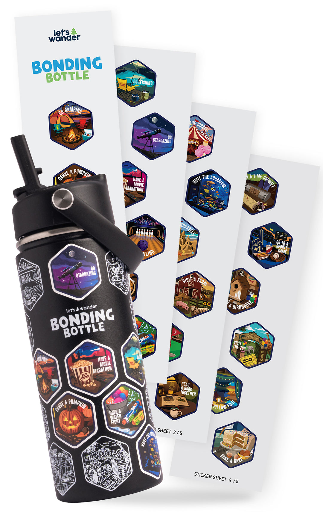 The Bonding Bottle™ by Let's Wander in black with matching activity stickers, angle 2
