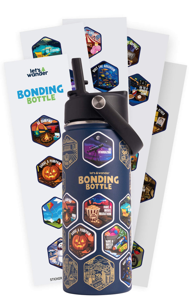 The Bonding Bottle™ by Let's Wander in blue with its 28 family activity sticker sheets
