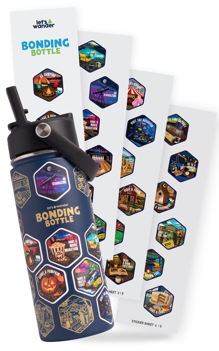 The Bonding Bottle™ by Let's Wander in blue with matching activity stickers, angle 2
