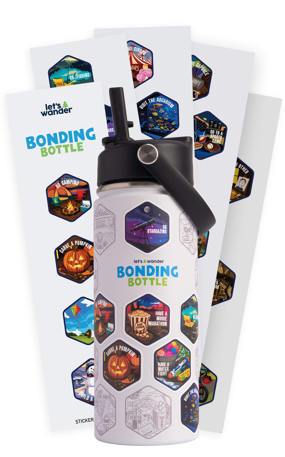 The Bonding Bottle™ by Let's Wander in white with its 28 family activity sticker sheets