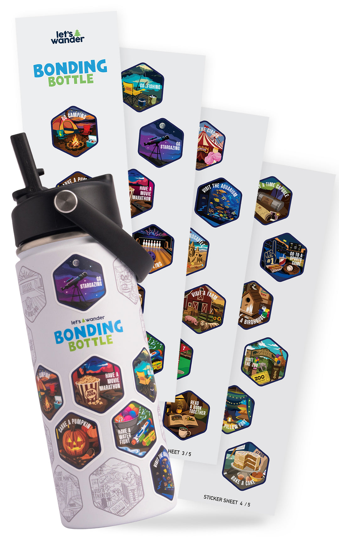 The Bonding Bottle™ by Let's Wander in white with matching activity stickers, angle 2
