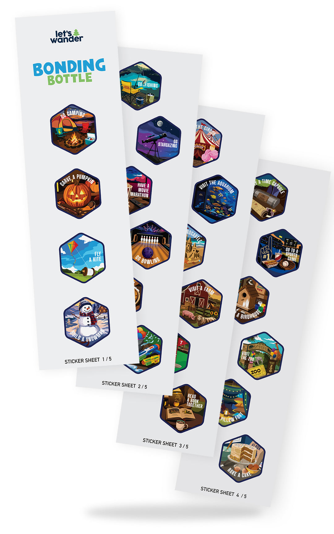 The Bonding Bottle™ sticker sheets with 28 family activity stickers