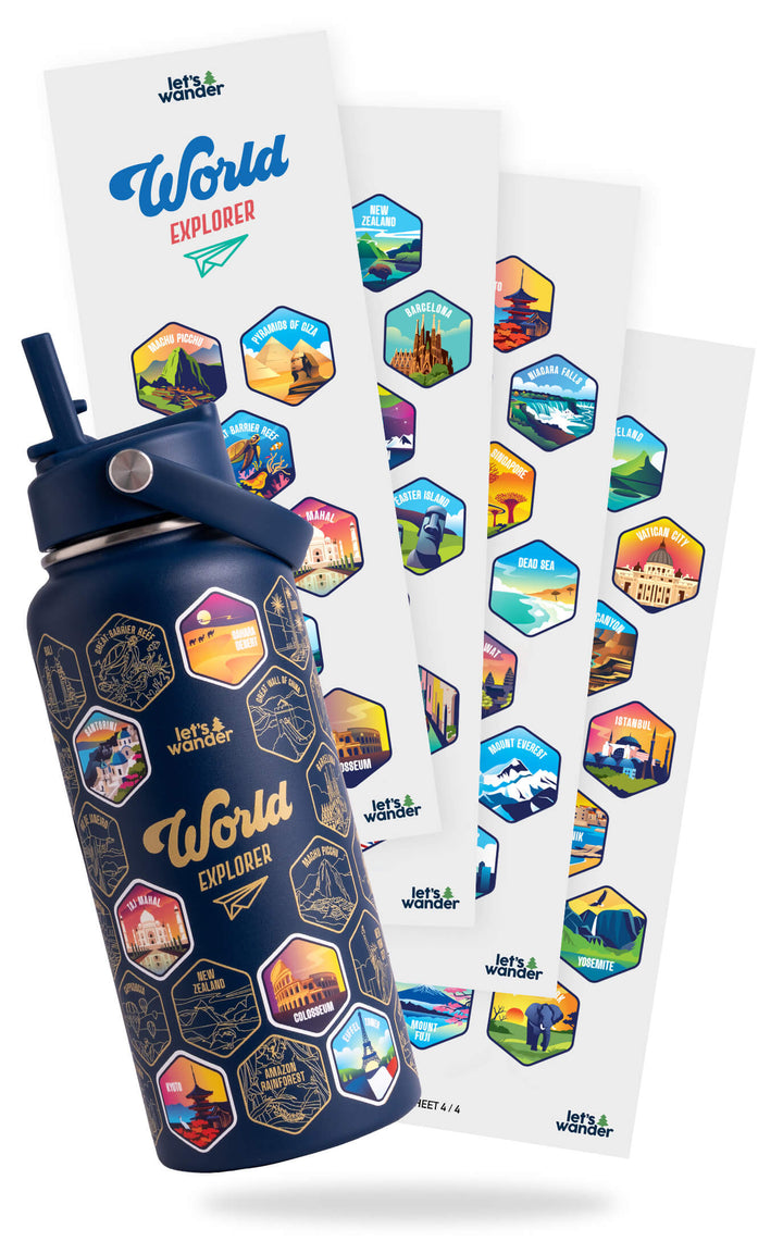 Let's Wander™ World Explorer Wasserflasche + Aufkleber