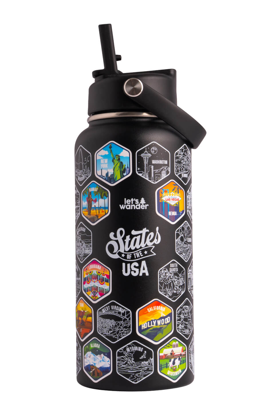 Lets Wander™ 50 States Of The USA Water Bottle V2 + Stickers