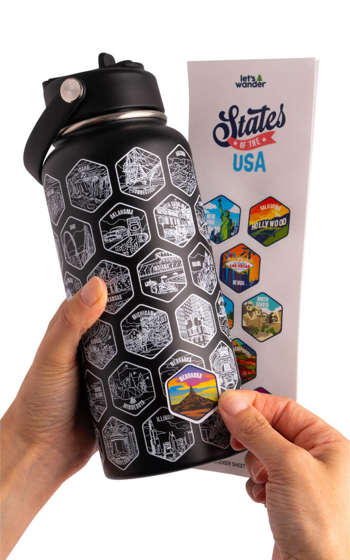 Lets Wander™ 50 States Of The USA Water Bottle V2 + Stickers