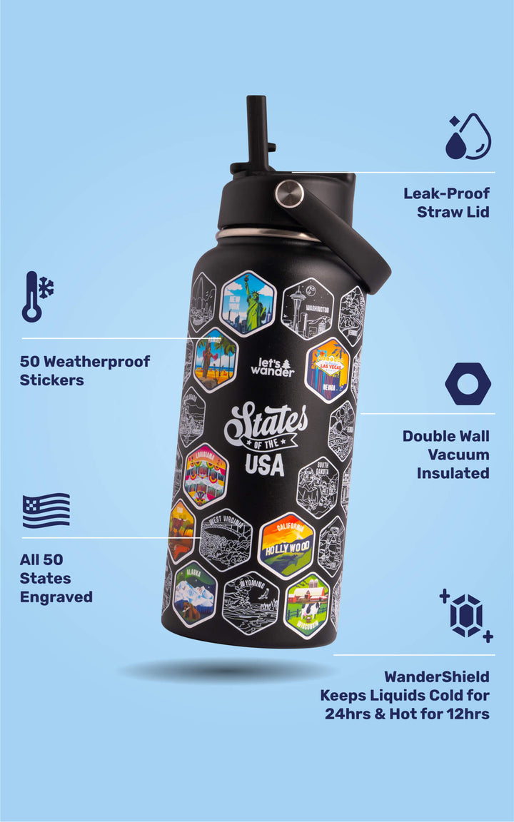 Lets Wander™ 50 States Of The USA Water Bottle V2 + Stickers