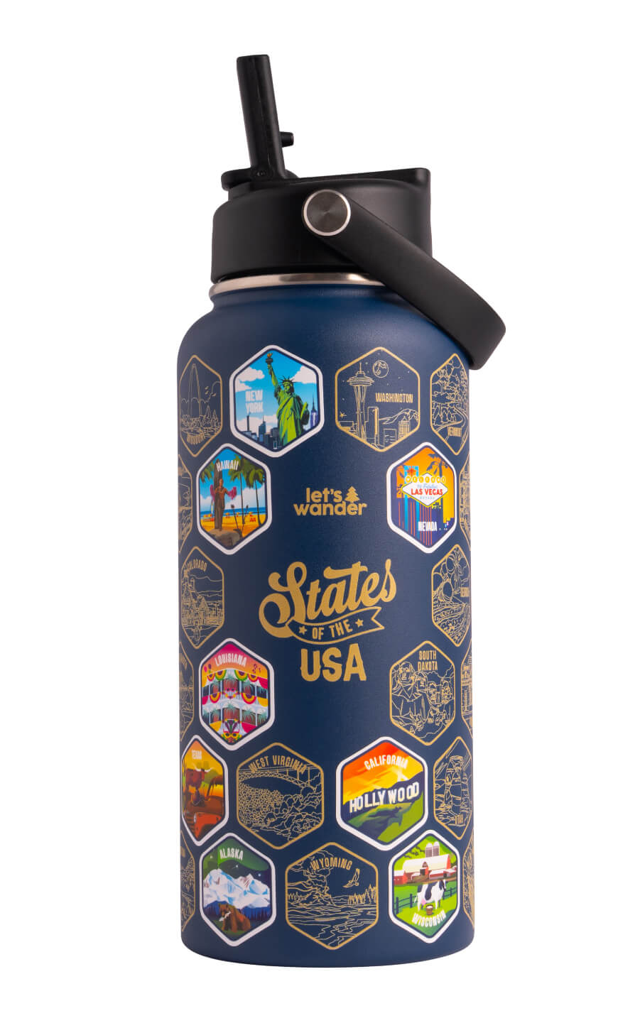 Lets Wander™ 50 States Of The USA Water Bottle V2 + Stickers