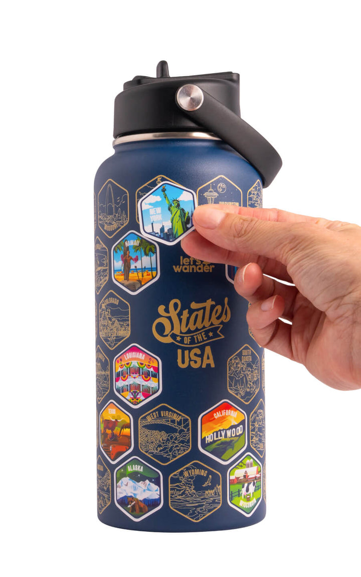 Lets Wander™ 50 States Of The USA Water Bottle V2 + Stickers