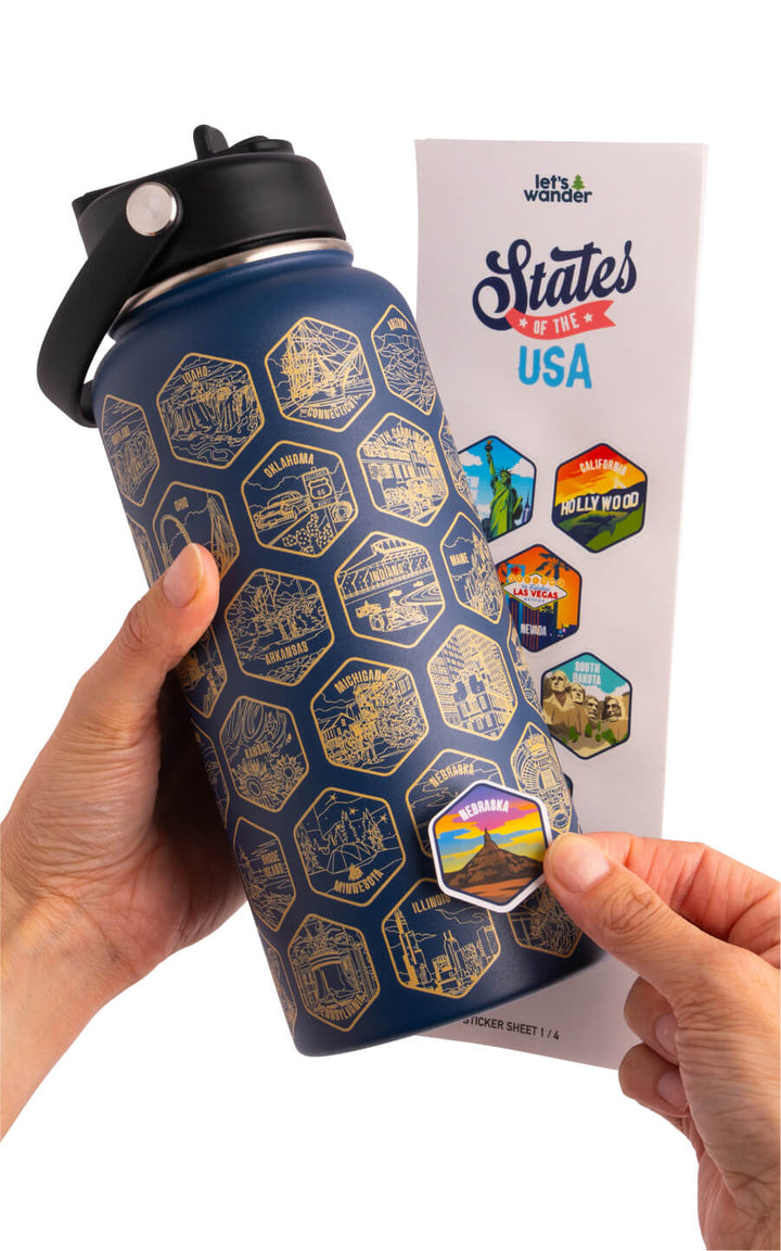 Lets Wander™ 50 States Of The USA Water Bottle V2 + Stickers
