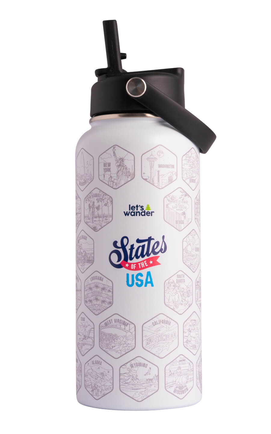 Lets Wander™ 50 States Of The USA Water Bottle V2 + Stickers