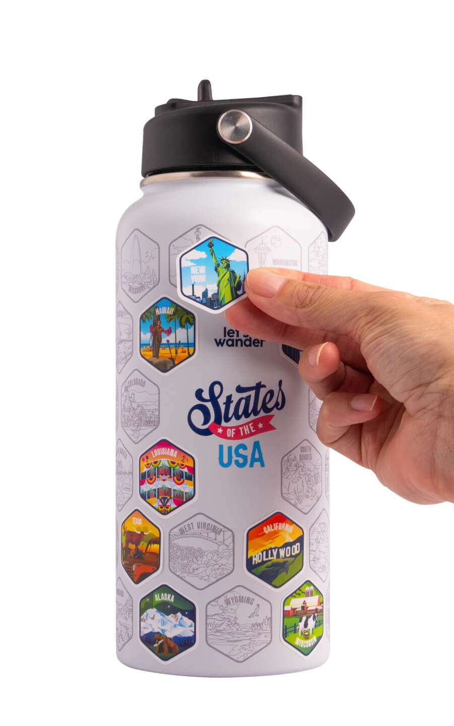 Lets Wander™ 50 States Of The USA Water Bottle V2 + Stickers