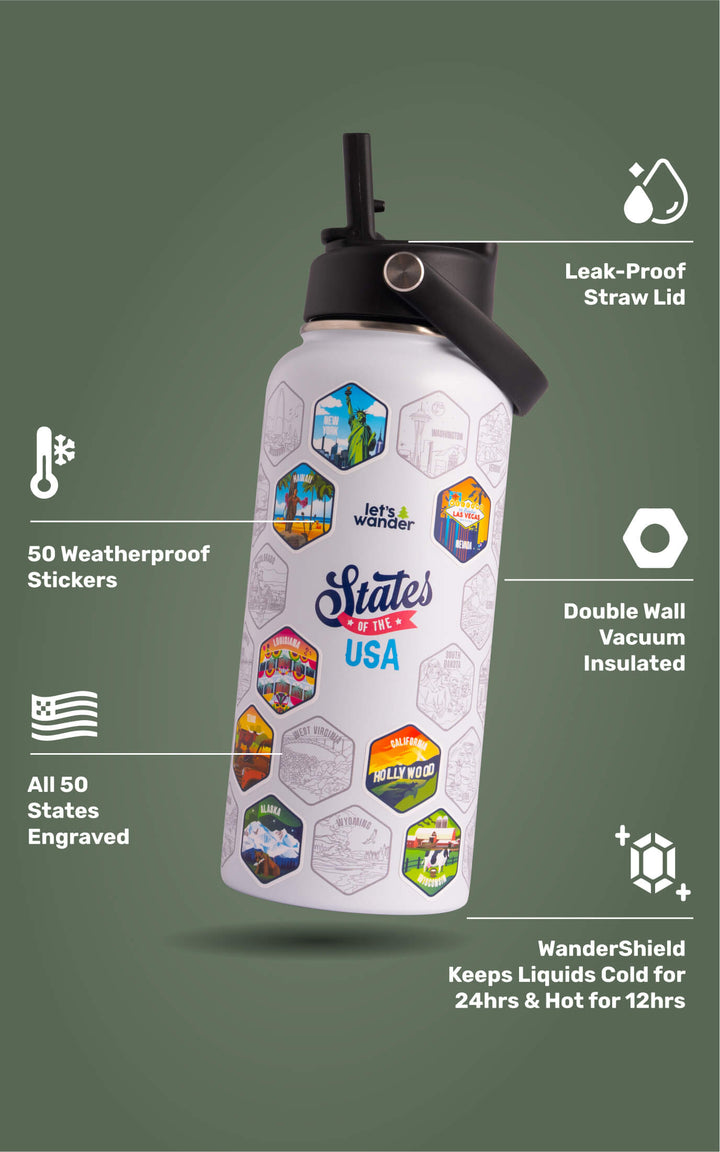 Lets Wander™ 50 States Of The USA Water Bottle V2 + Stickers