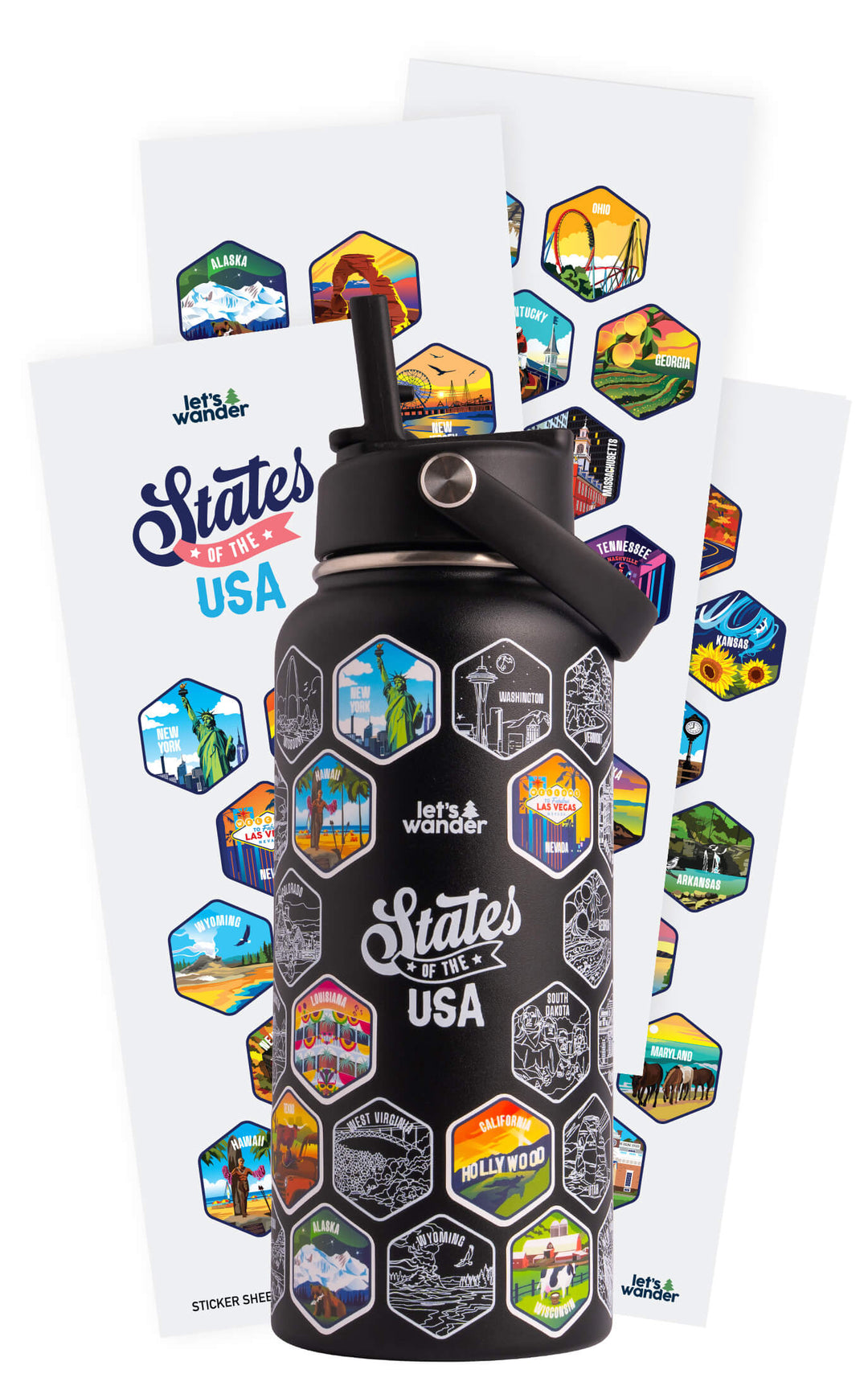 Lets Wander™ 50 States Of The USA Water Bottle V2 + Stickers