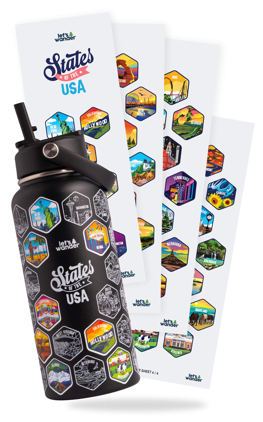 Lets Wander™ 50 States Of The USA Water Bottle V2 + Stickers