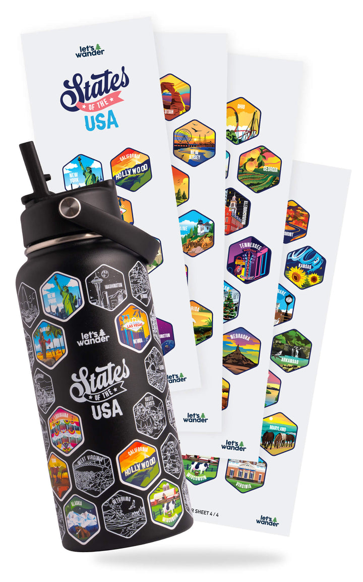 Lets Wander™ 50 States Of The USA Water Bottle V2 + Stickers