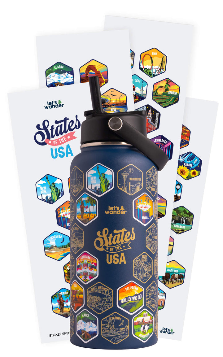 Lets Wander™ 50 States Of The USA Water Bottle V2 + Stickers