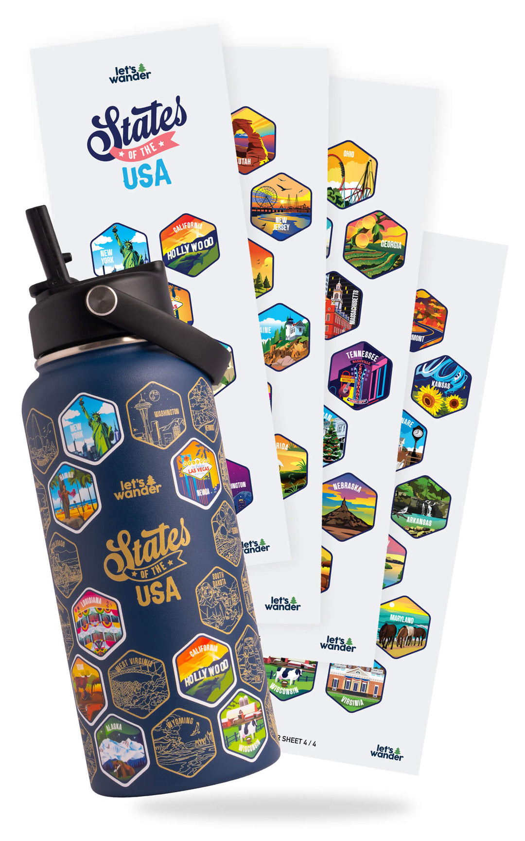 Lets Wander™ 50 States Of The USA Water Bottle V2 + Stickers