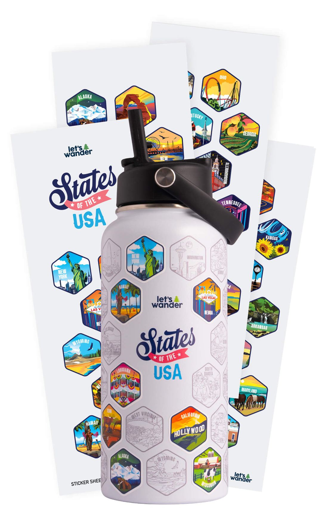 Lets Wander™ 50 States Of The USA Water Bottle V2 + Stickers