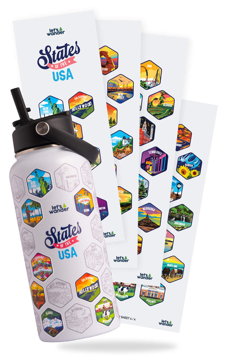 Lets Wander™ 50 States Of The USA Water Bottle V2 + Stickers