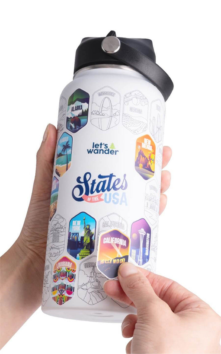 Lets Wander™ 50 States Of The USA Water Bottle + Stickers
