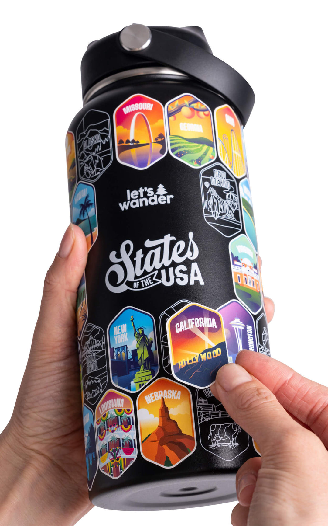 Lets Wander™ 50 States Of The USA Water Bottle + Stickers