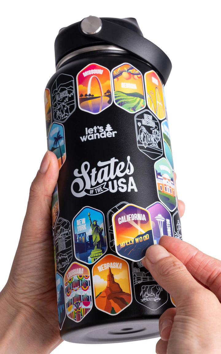 Lets Wander™ 50 States Of The USA Water Bottle + Stickers