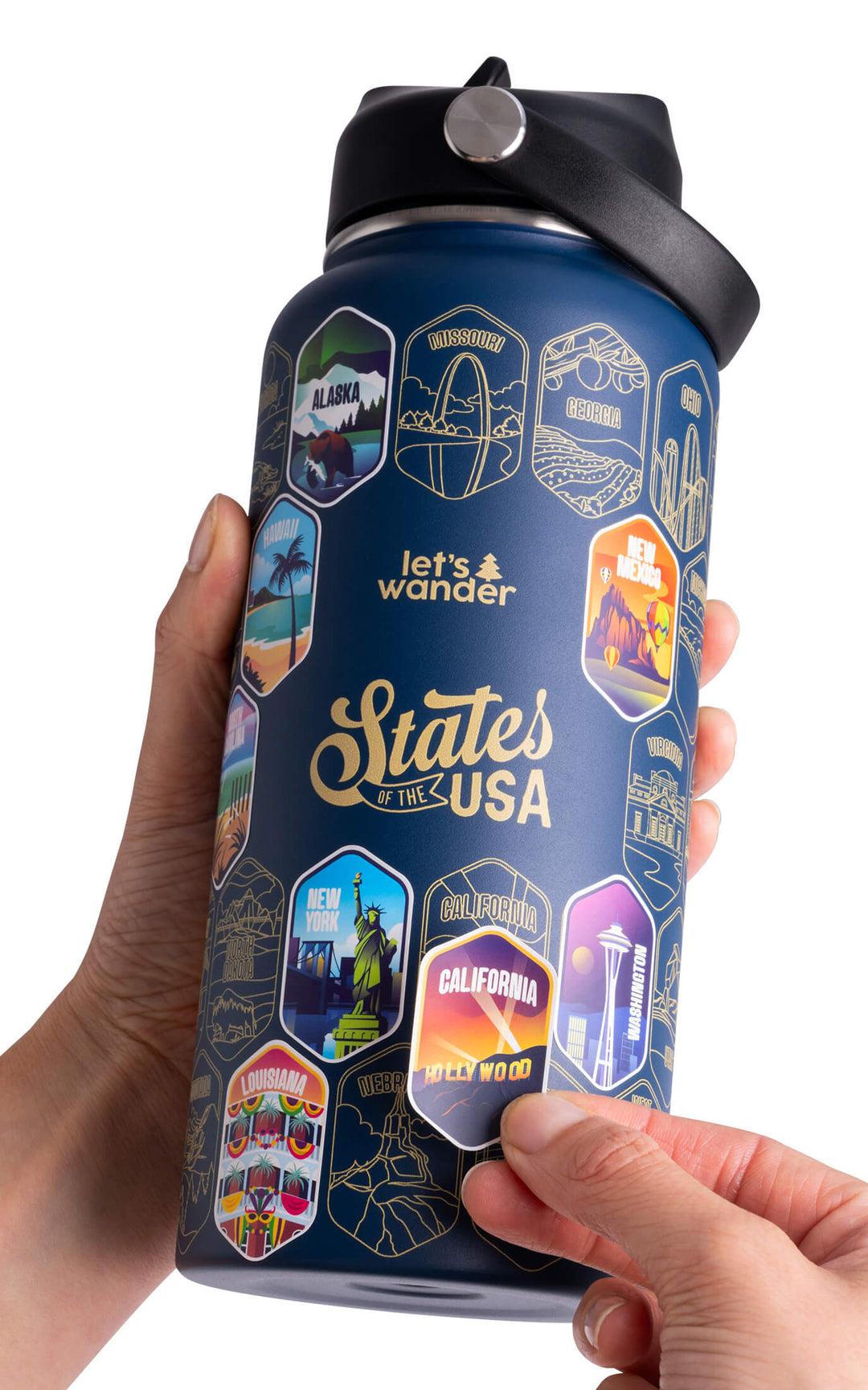 Lets Wander™ 50 States Of The USA Water Bottle + Stickers